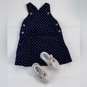 Toddler girl sets (blue and white jumpsuit 2T and silver shoes sizes 7.